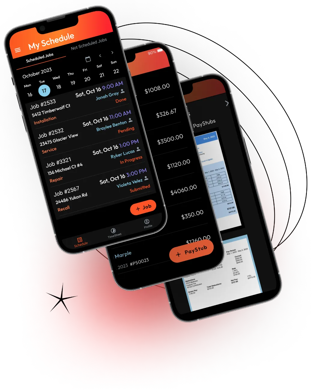 Worganizer mobile app showing scheduled jobs and billing screens