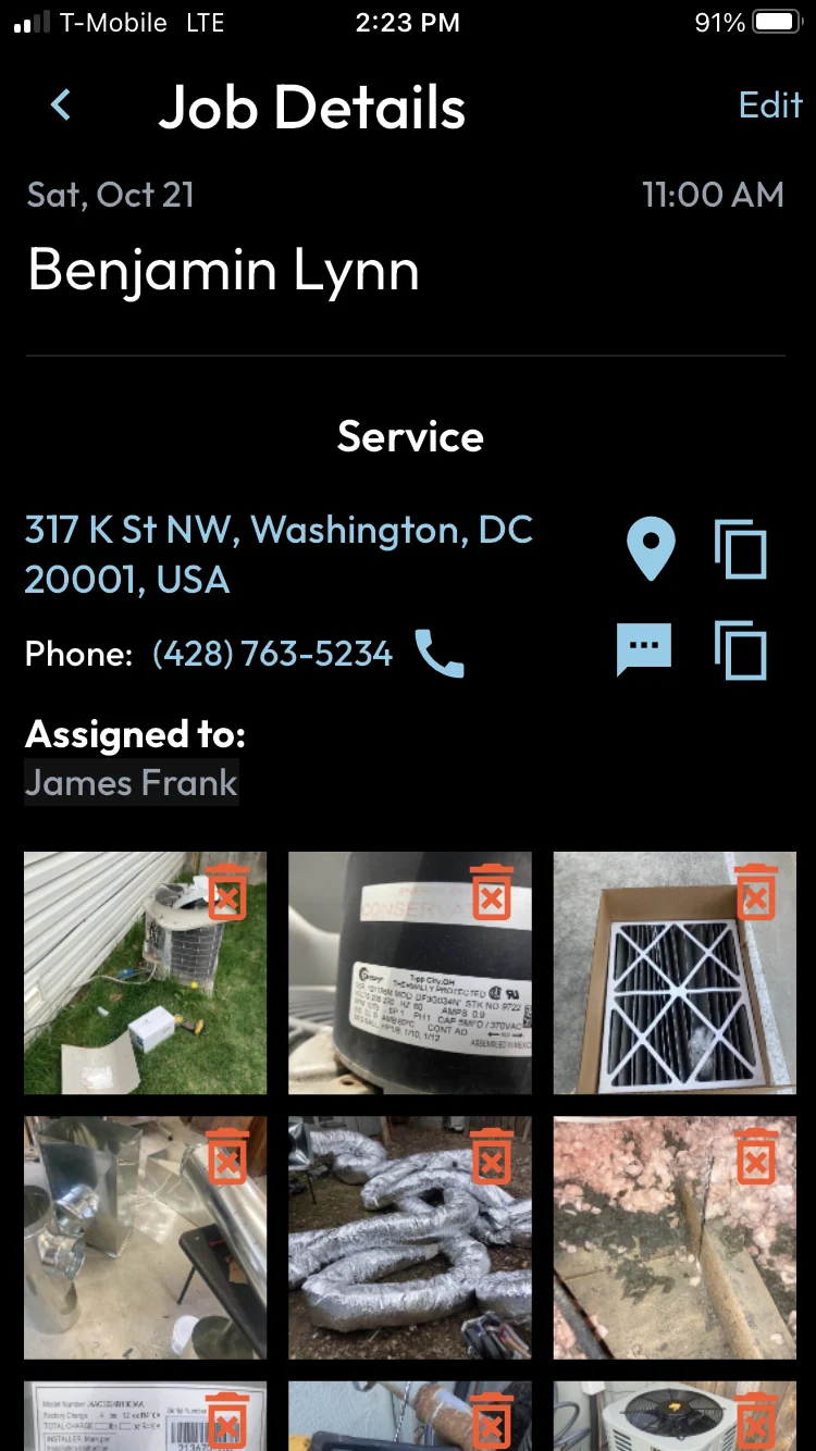 Worganizer mobile job details with photos and customer information