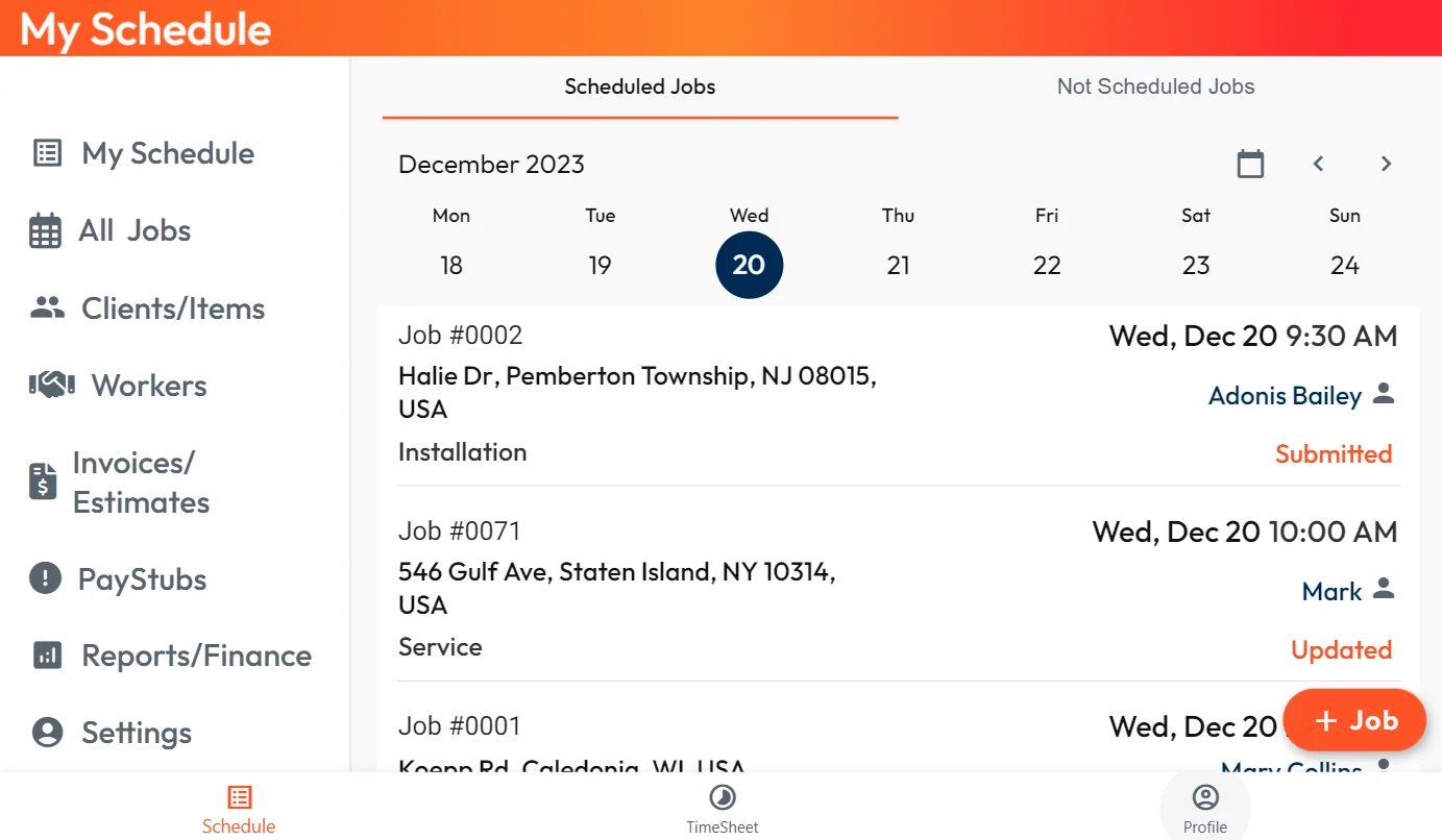 Worganizer job schedule and assigned technicians