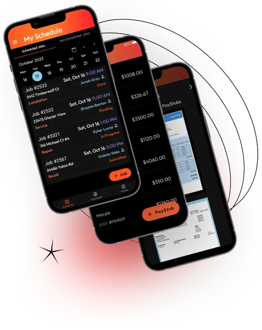 Worganizer mobile app showing scheduled jobs and billing screens